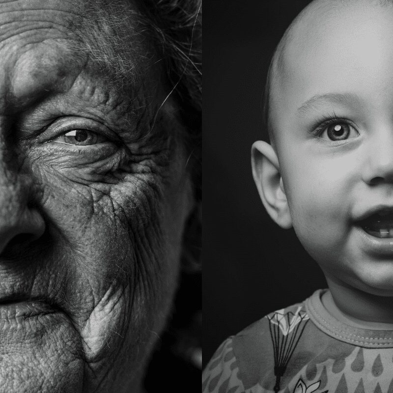 closeup older woman's face. Splitscreen with a baby's face.