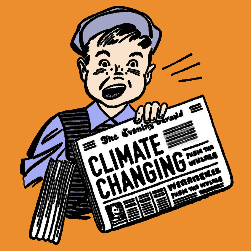 line drawing of old-fashioned looking boy holding newspaper that says "climate changing"