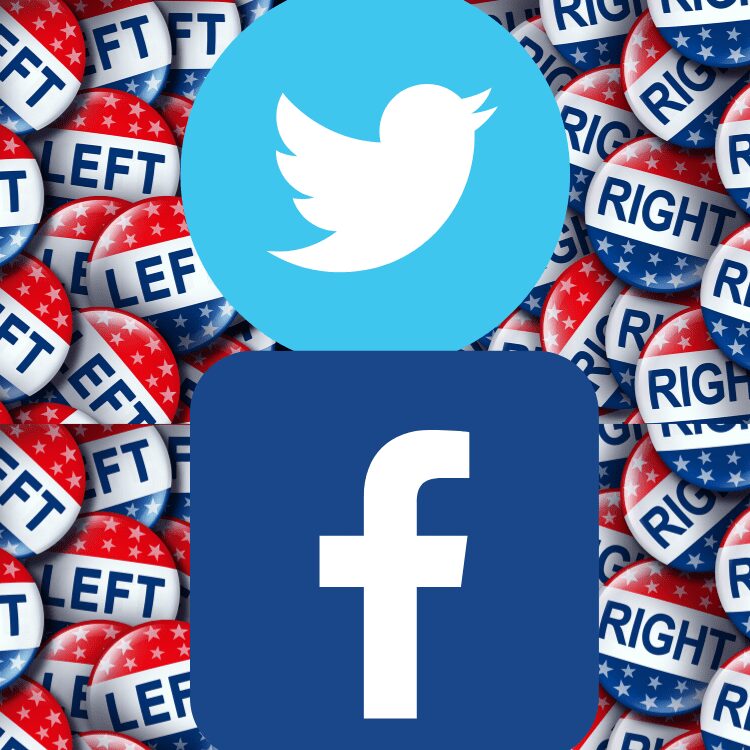 Left and right political buttons. Facebook and Twitter logos.