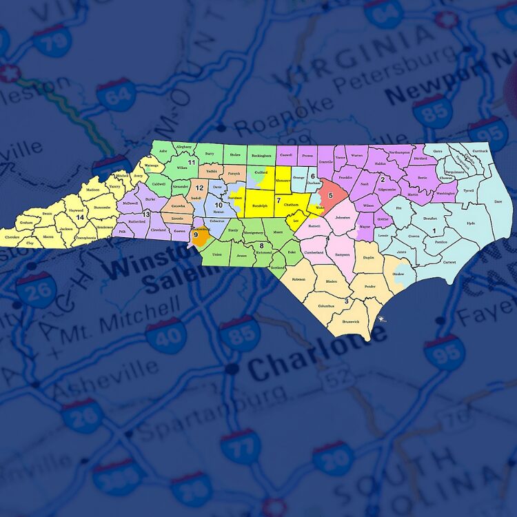 NC road map with the city of Charlotte highlighted. foreground is a map of NC with congressional boundaries color coded.
