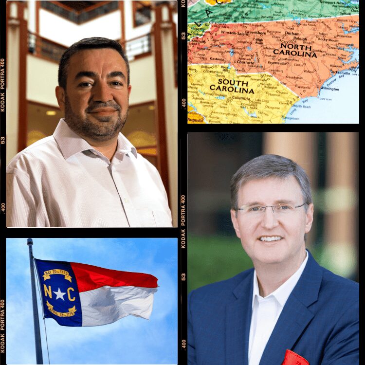 Two men, map of North Carolina, NC flag